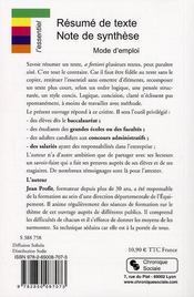 Résume de texte, note de synthèse ; mode d'emploi - 4ème de couverture - Format classique