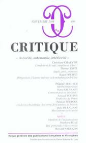 Revue Critique N.690 ; Autorité, Autonomie, Intèriorité - Intérieur - Format classique