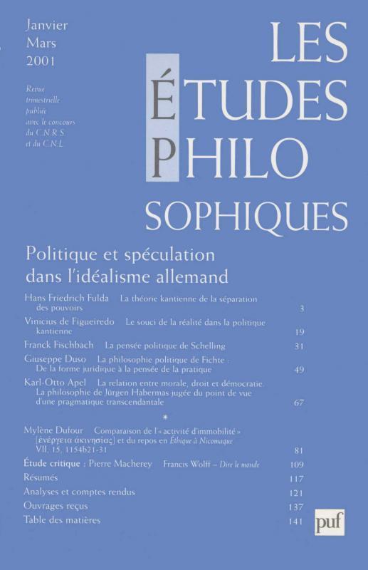 REVUE LES ETUDES PHILOSOPHIQUES N.2001/1 ; politique et spéculation dans l'idéalisme allemand