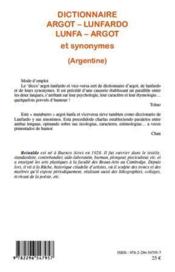 Dictionnaire argot-lunfardo, lunfa-argot et synonymes (Argentine) - 4ème de couverture - Format classique