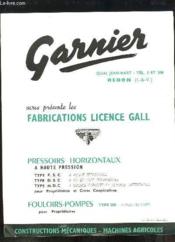 1 brochure publicitaire des Etablissments Garnier, de Redon : Pressoirs Horizontaux, Fouloirs-Pompes type 250 - Couverture - Format classique