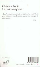 La part manquante - 4ème de couverture - Format classique