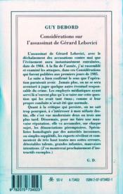 Considerations sur l'assassinat de Gérard Lebovici - 4ème de couverture - Format classique